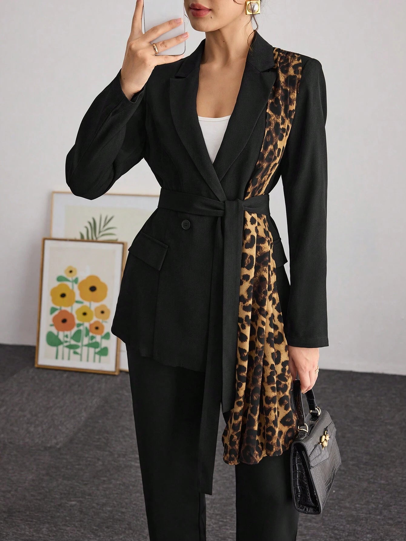 Modelyn Women Leopard Panel Design Elegant Fitted Blazer shein