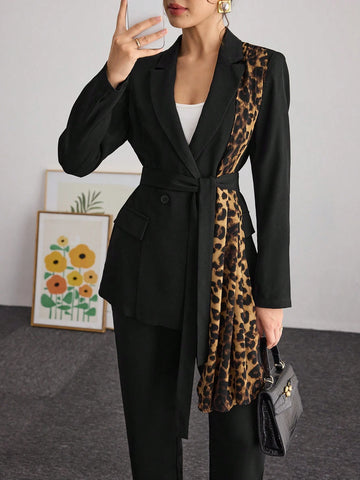 Modelyn Women Leopard Panel Design Elegant Fitted Blazer