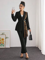 Modelyn Women Leopard Panel Design Elegant Fitted Blazer shein