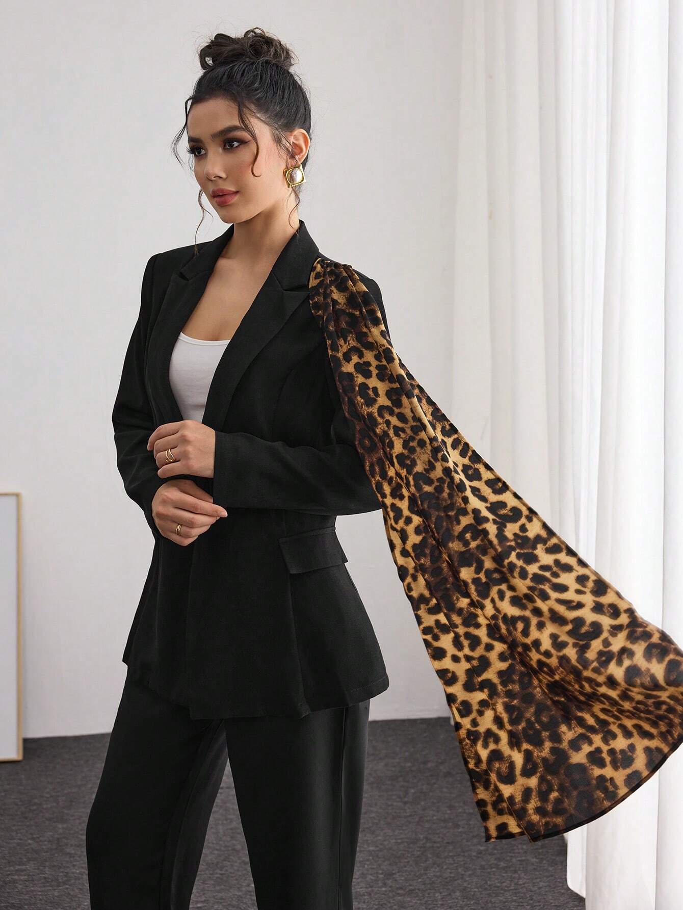 Modelyn Women Leopard Panel Design Elegant Fitted Blazer shein