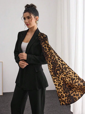 Modelyn Women Leopard Panel Design Elegant Fitted Blazer