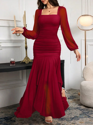 Modelyn Women's Solid Color Mesh Splicing Pleated Casual Long Dress