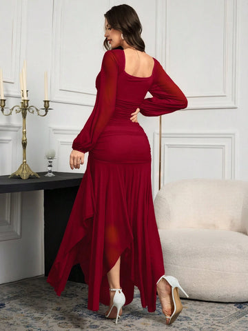 Modelyn Women's Solid Color Mesh Splicing Pleated Casual Long Dress