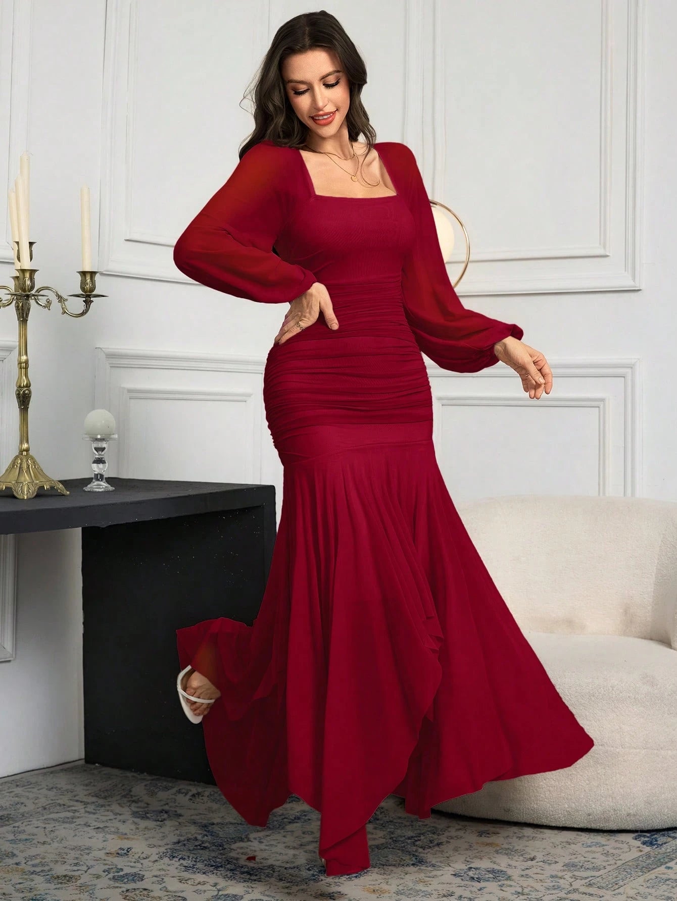 Modelyn Women's Solid Color Mesh Splicing Pleated Casual Long Dress shein
