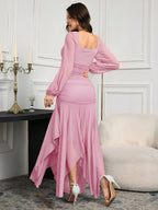 Modelyn Women's Solid Color Mesh Splicing Pleated Casual Long Dress shein