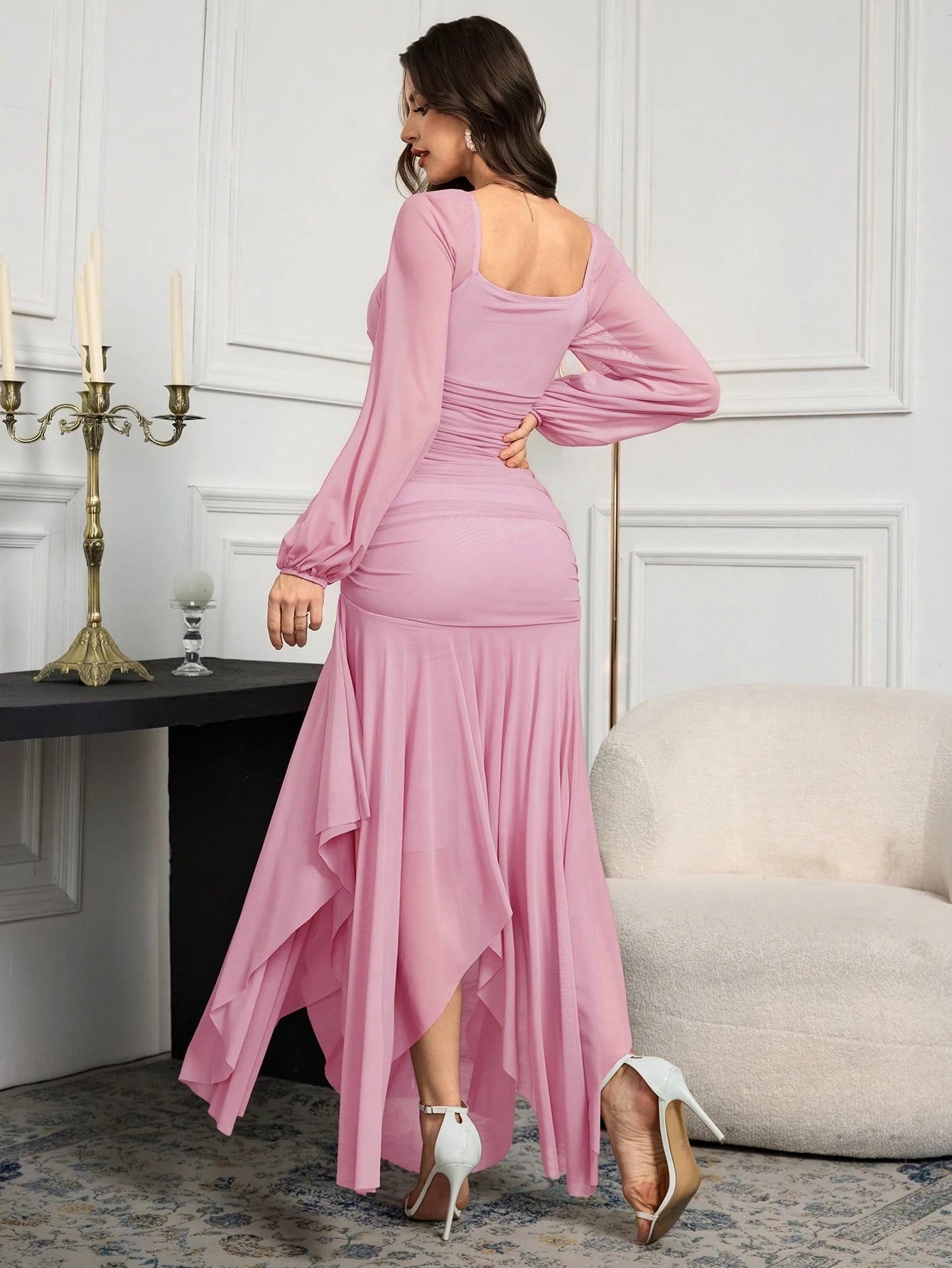 Modelyn Women's Solid Color Mesh Splicing Pleated Casual Long Dress shein