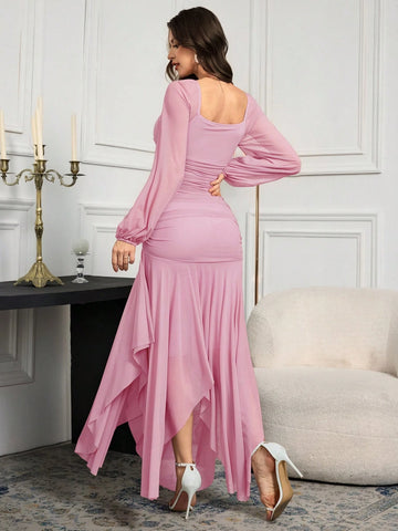 Modelyn Women's Solid Color Mesh Splicing Pleated Casual Long Dress