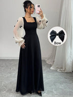 Women Mixed Fabric Bowknot Decor 3D Floral Cinched Waist Woven Dress shein