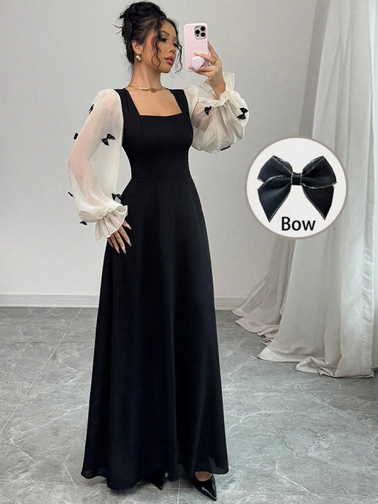 Women Mixed Fabric Bowknot Decor 3D Floral Cinched Waist Woven Dress