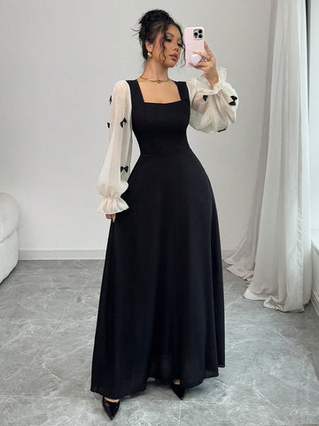 Women Mixed Fabric Bowknot Decor 3D Floral Cinched Waist Woven Dress