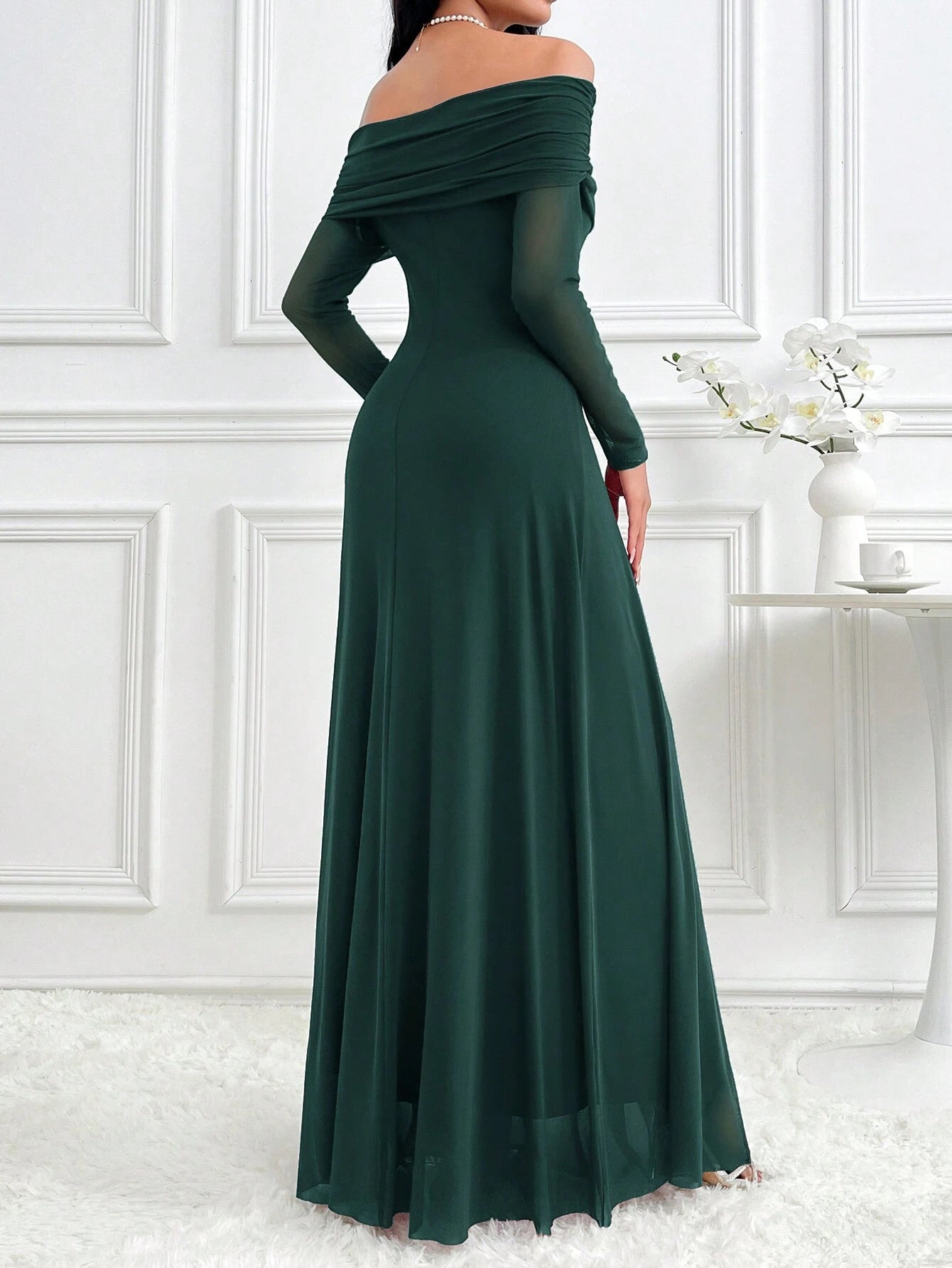 Modelyn Women's Solid Color Off Shoulder Long Sleeve Slim Fit Dress shein