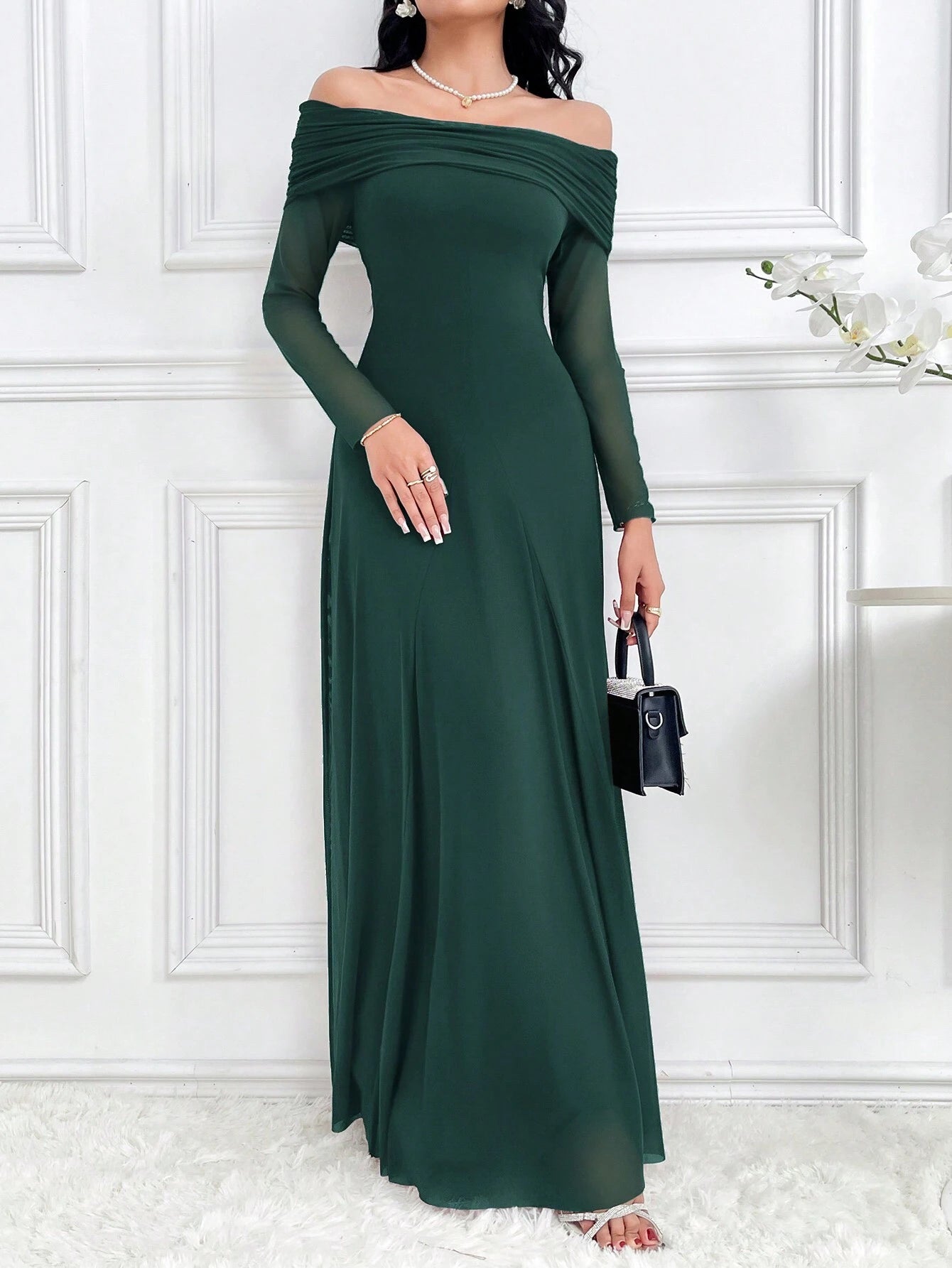 Modelyn Women's Solid Color Off Shoulder Long Sleeve Slim Fit Dress shein