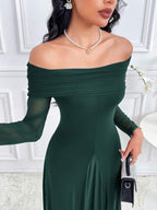 Modelyn Women's Solid Color Off Shoulder Long Sleeve Slim Fit Dress shein
