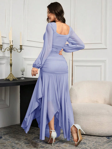 Modelyn Women's Solid Color Mesh Splicing Pleated Casual Long Dress
