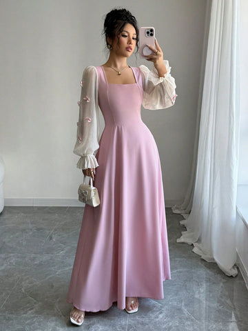 Women Mixed Fabric Bowknot Decor 3D Floral Cinched Waist Woven Dress