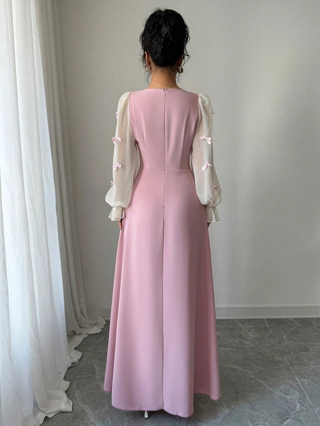 Women Mixed Fabric Bowknot Decor 3D Floral Cinched Waist Woven Dress shein