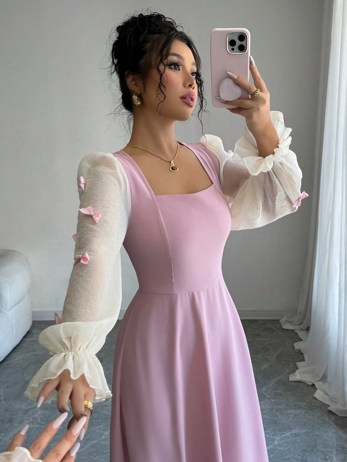 Women Mixed Fabric Bowknot Decor 3D Floral Cinched Waist Woven Dress shein