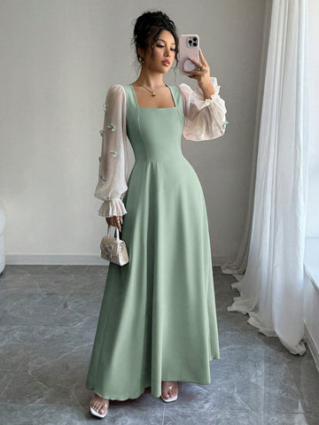 Women Mixed Fabric Bowknot Decor 3D Floral Cinched Waist Woven Dress