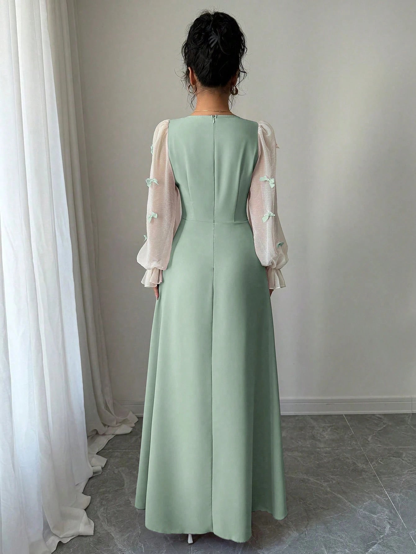 Women Mixed Fabric Bowknot Decor 3D Floral Cinched Waist Woven Dress shein