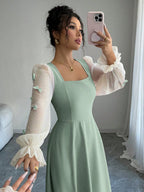 Women Mixed Fabric Bowknot Decor 3D Floral Cinched Waist Woven Dress shein