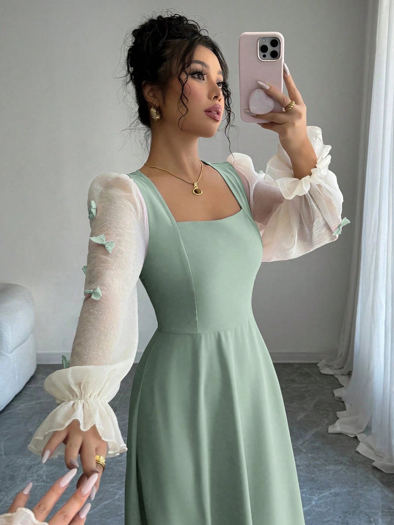 Women Mixed Fabric Bowknot Decor 3D Floral Cinched Waist Woven Dress shein
