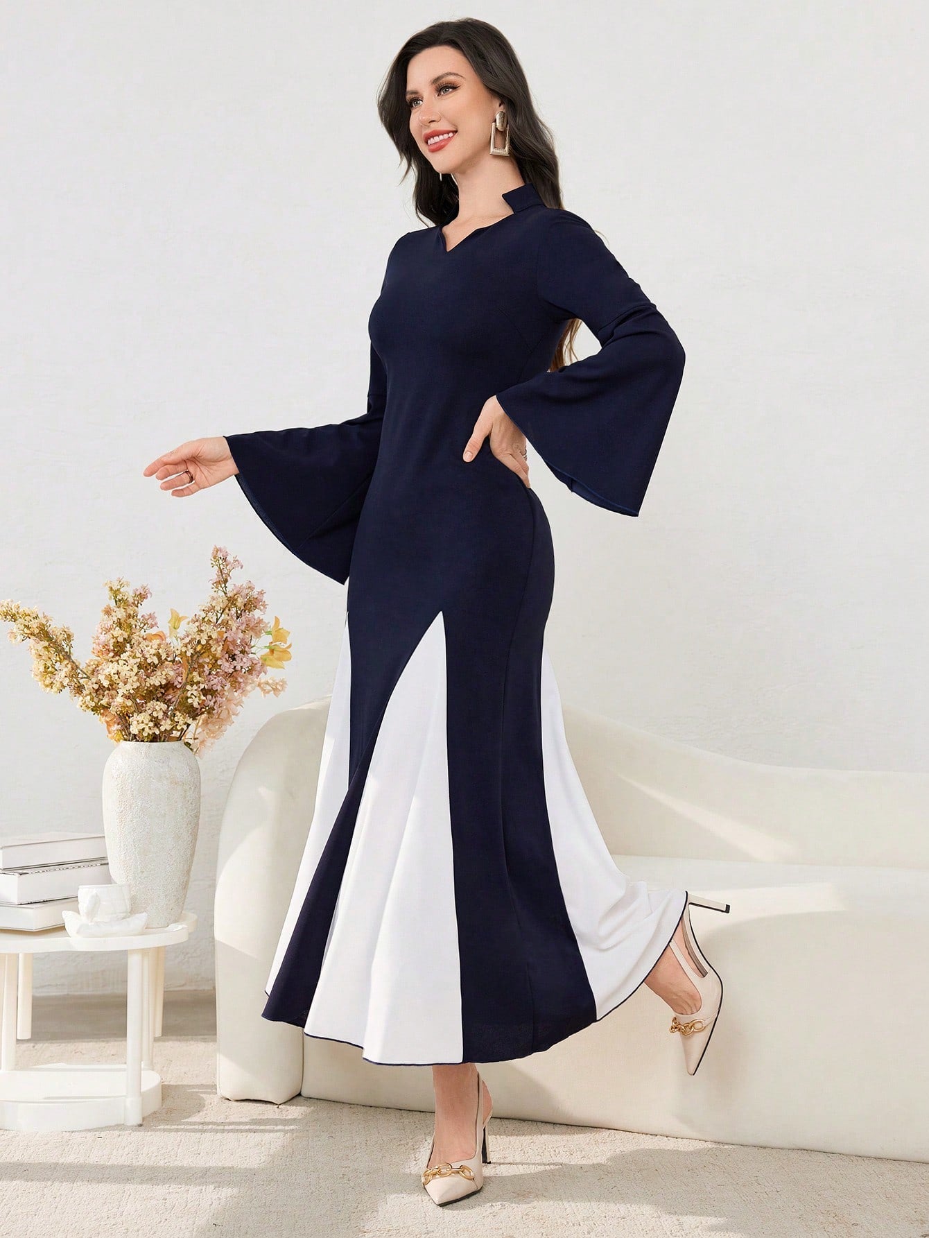 Women's Splice Flare Sleeve Long Dress