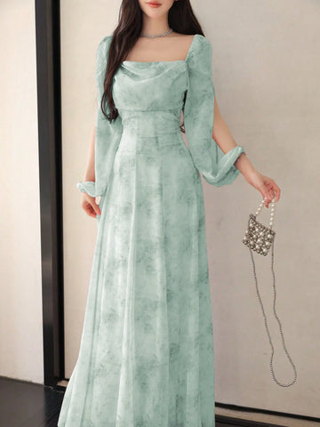 Women's Chiffon Ditsy Floral Draped Neck Waisted Flared Hem Elegant Resort Dress