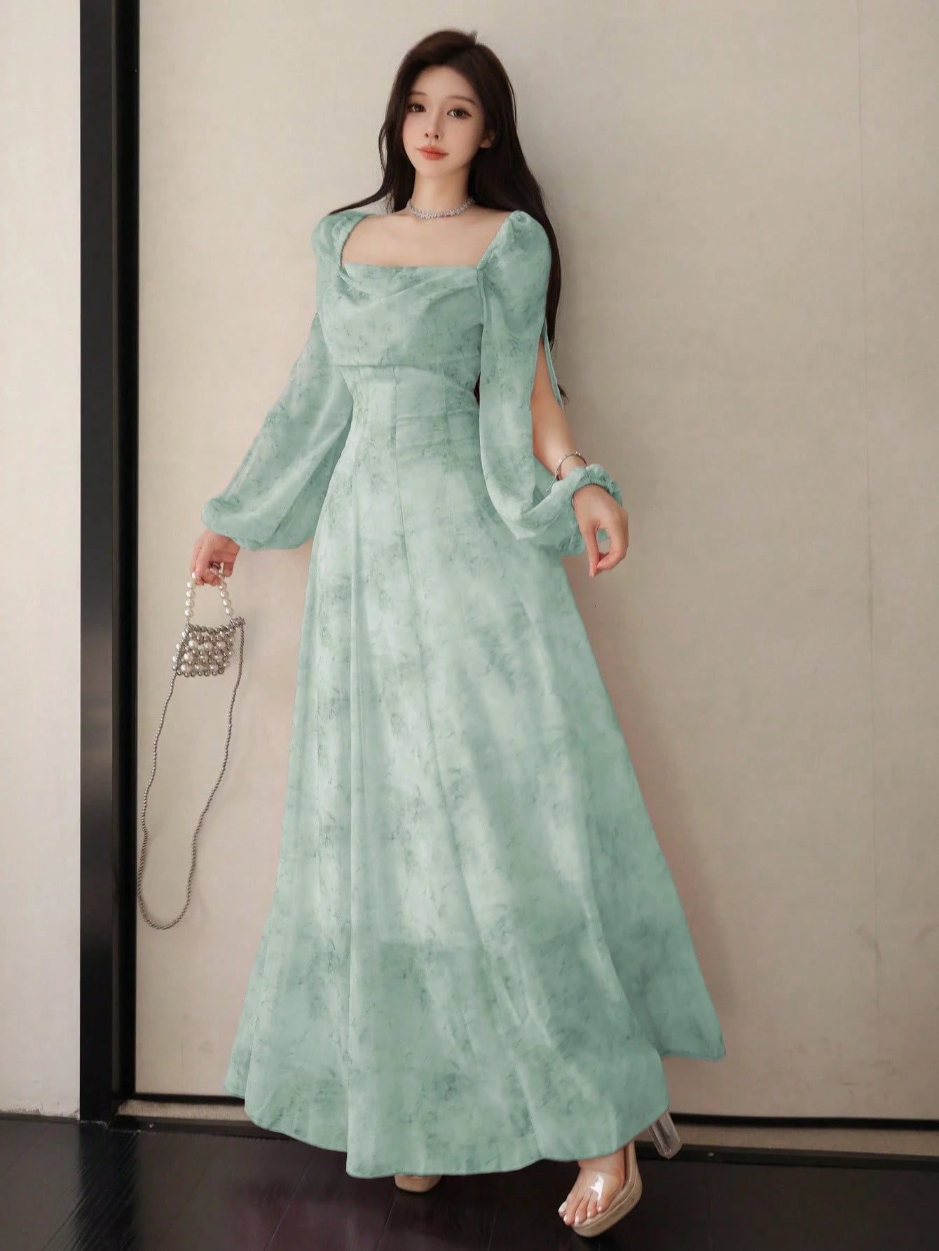 Women's Chiffon Ditsy Floral Draped Neck Waisted Flared Hem Elegant Resort Dress shein