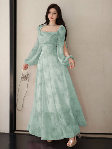 Women's Chiffon Ditsy Floral Draped Neck Waisted Flared Hem Elegant Resort Dress
