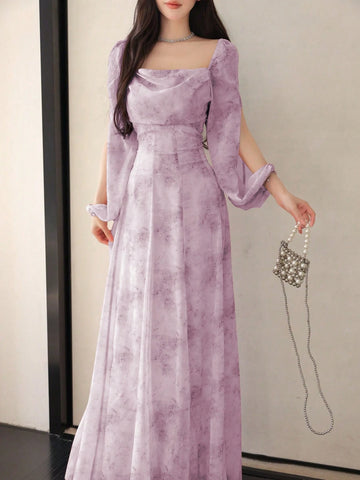 Women's Chiffon Ditsy Floral Draped Neck Waisted Flared Hem Elegant Resort Dress
