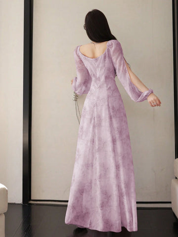 Women's Chiffon Ditsy Floral Draped Neck Waisted Flared Hem Elegant Resort Dress