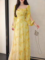 Women's Chiffon Ditsy Floral Draped Neck Waisted Flared Hem Elegant Resort Dress shein