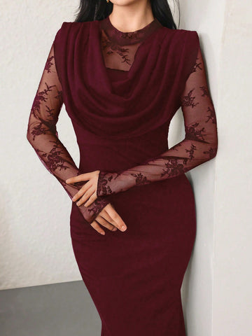 Modelyn Women's Deep Draped Neck Contrast Lace Waist Fitted Mermaid Dress