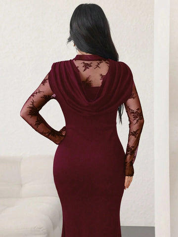 Modelyn Women's Deep Draped Neck Contrast Lace Waist Fitted Mermaid Dress