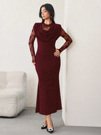 Modelyn Women's Deep Draped Neck Contrast Lace Waist Fitted Mermaid Dress shein