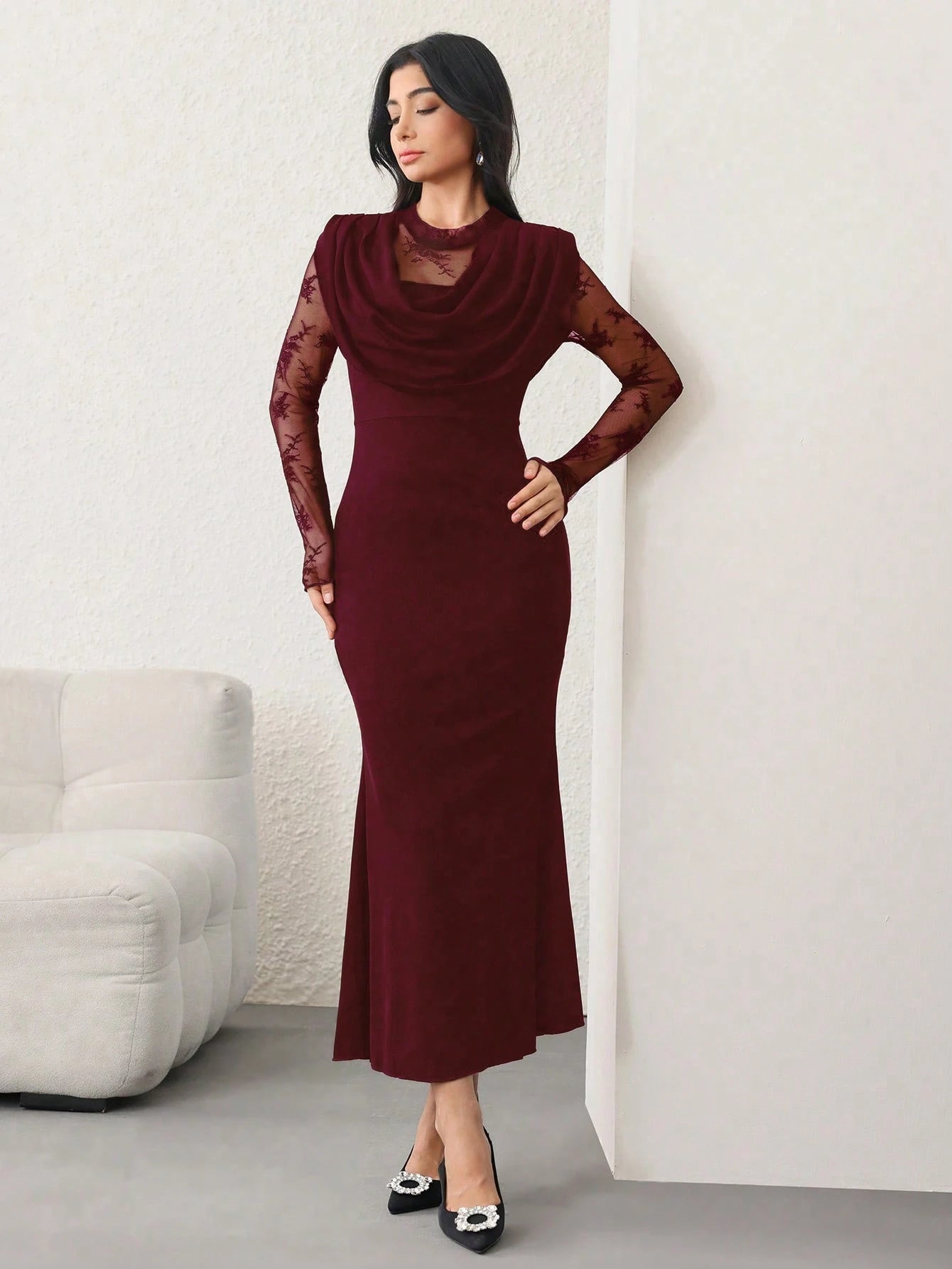 Modelyn Women's Deep Draped Neck Contrast Lace Waist Fitted Mermaid Dress shein