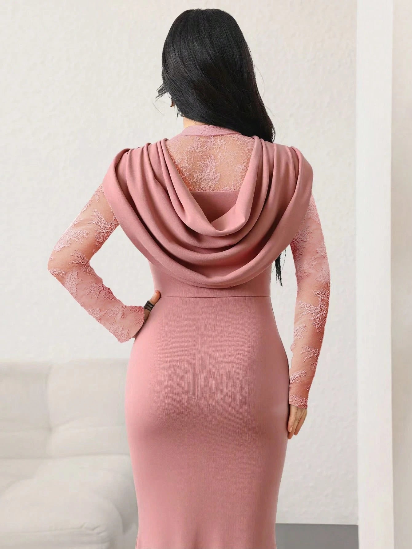 Modelyn Women's Deep Draped Neck Contrast Lace Waist Fitted Mermaid Dress shein