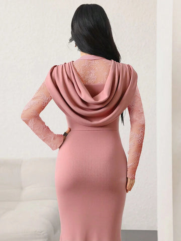 Modelyn Women's Deep Draped Neck Contrast Lace Waist Fitted Mermaid Dress