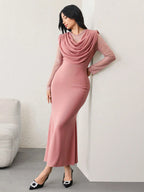 Modelyn Women's Deep Draped Neck Contrast Lace Waist Fitted Mermaid Dress shein