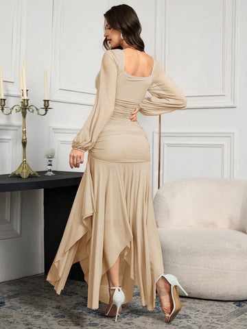 Modelyn Women's Solid Color Mesh Splicing Pleated Casual Long Dress