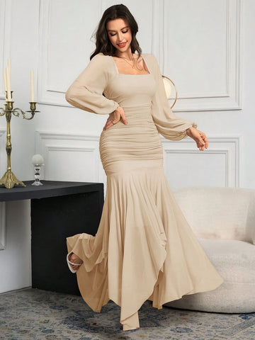 Modelyn Women's Solid Color Mesh Splicing Pleated Casual Long Dress
