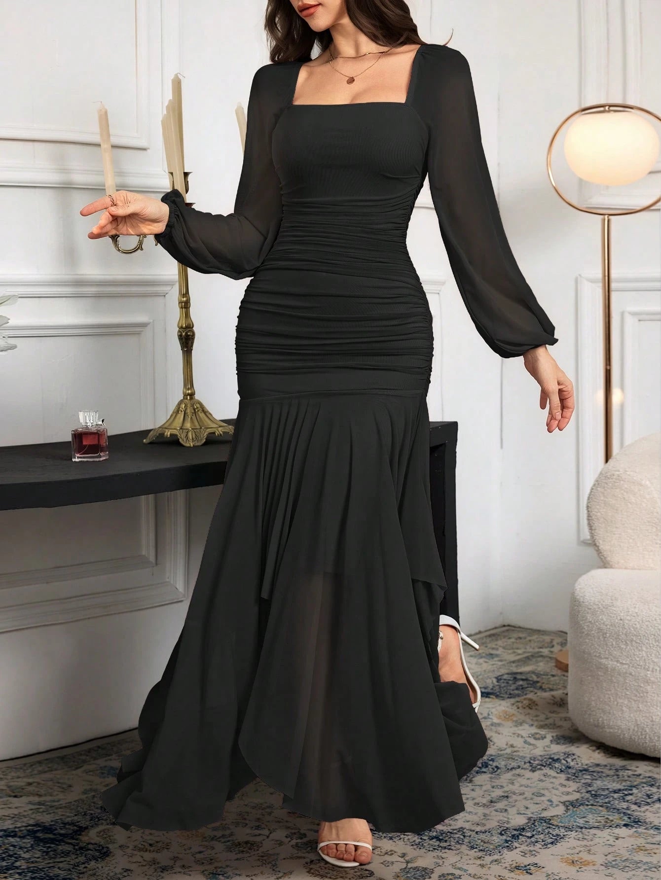Modelyn Women's Solid Color Mesh Splicing Pleated Casual Long Dress shein