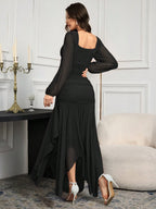 Modelyn Women's Solid Color Mesh Splicing Pleated Casual Long Dress shein