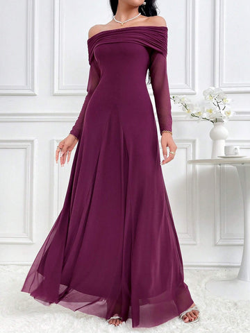 Modelyn Women's Solid Color Off Shoulder Long Sleeve Slim Fit Dress