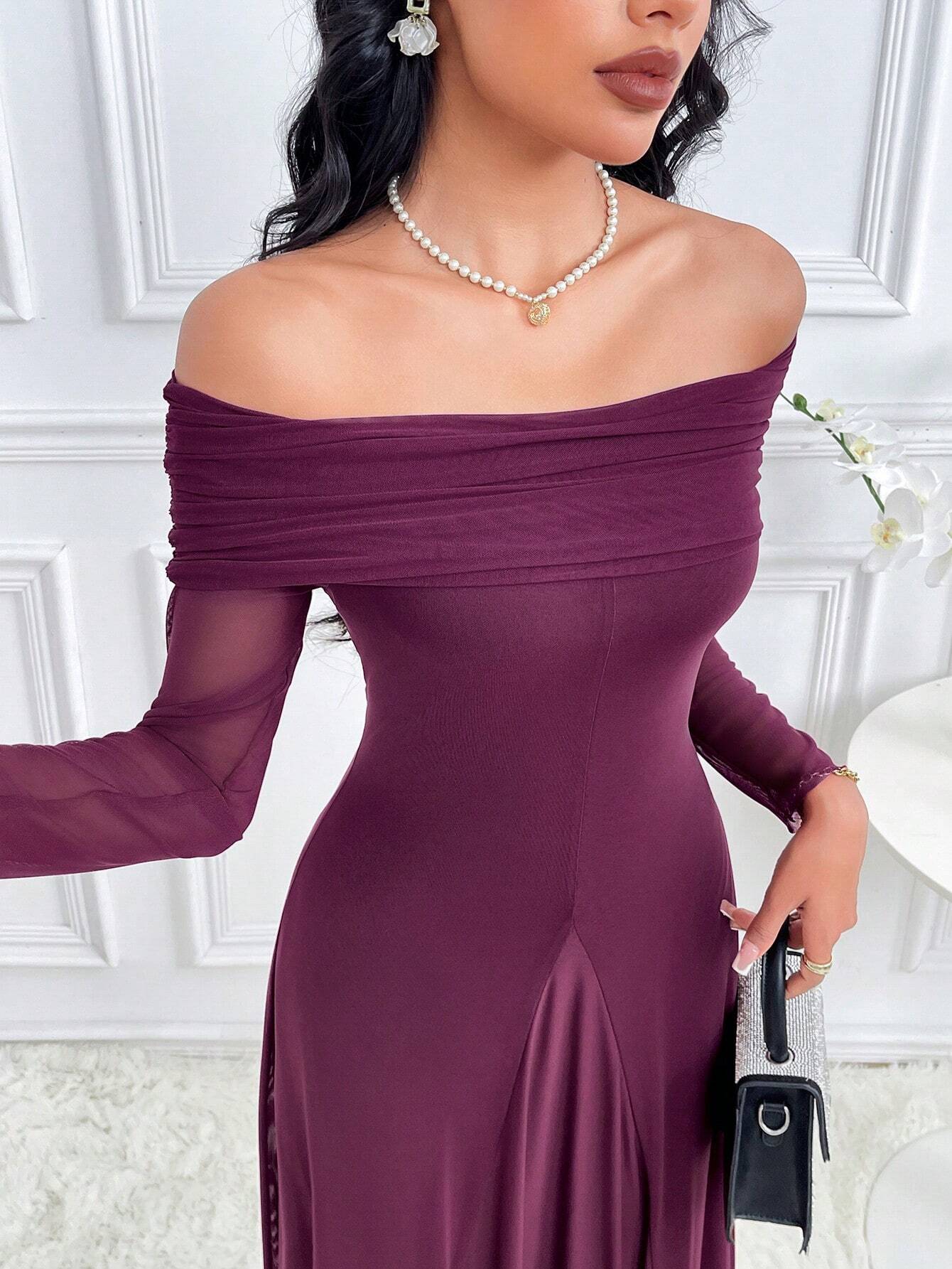 Modelyn Women's Solid Color Off Shoulder Long Sleeve Slim Fit Dress shein