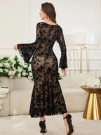 Women's Floral Flocked Mesh Flare Sleeves Elegant Dress shein