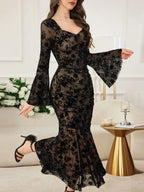 Women's Floral Flocked Mesh Flare Sleeves Elegant Dress shein