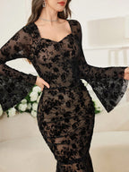 Women's Floral Flocked Mesh Flare Sleeves Elegant Dress shein