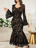 Women's Floral Flocked Mesh Flare Sleeves Elegant Dress shein