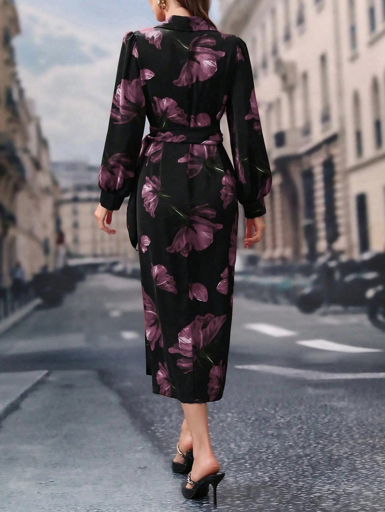 Modelyn Women's Lace-Up Floral Print Long Sleeve Casual Shift Dress shein